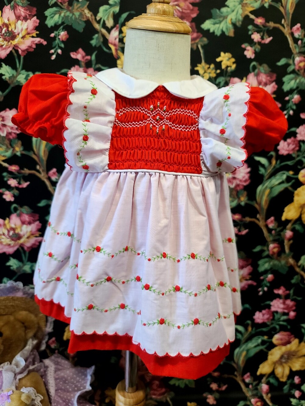 Vintage Red and White Smocked Floral Baby Dress